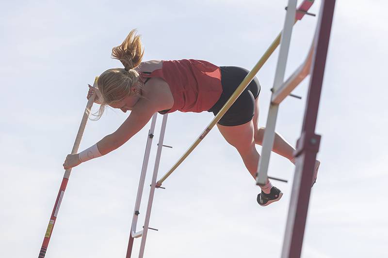 Erie’s Olivia Purvis clears the bar in the pole vault Wednesday, May 10, 2023 at the class 1A Erie girls track sectional.