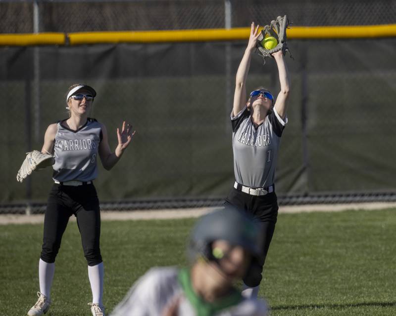 Shortstop Olivia Chismarick retreats into shallow left field to make the catch and help the WFC Warriors to get out of the inning and avoiding another Seneca run.