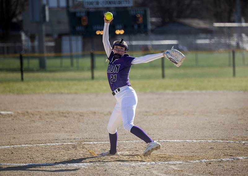 Dixon’s Allie Abell fires a pitch against Sterling Tuesday, March 19, 2024 in Dixon.