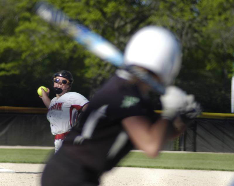 Oregon starter Brooke Halverson fires a pitch to a Rock Falls batter Monday, May 6, 2024 in Rock Falls.