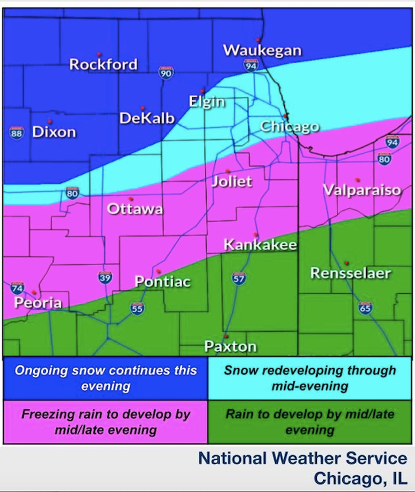 National Weather Service map shows precipitation bands for the evening of Saturday, Jan. 28, 2023.