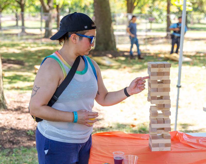 An attendee plays a game of Jinga at the Berywn Brewfest. Sept 14, 2024 in Berwyn.