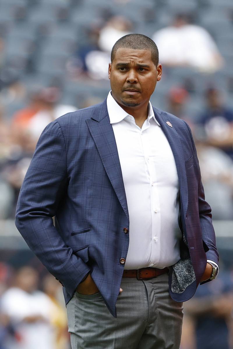 Chicago Bears general manager Ryan Poles watches warmups before a preseason game against the Kansas City Chiefs, Saturday, Aug. 13, 2022, in Chicago.