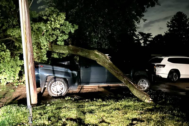 A large branch from a tree fell on this truck that was parked in a driveway during a storm around 1 a.m. on Saturday, July 13, 2024 in Oregon. Electrical power was knocked out for area residents for about four hours. City crews were busy clearing fallen limbs from streets following the storm.