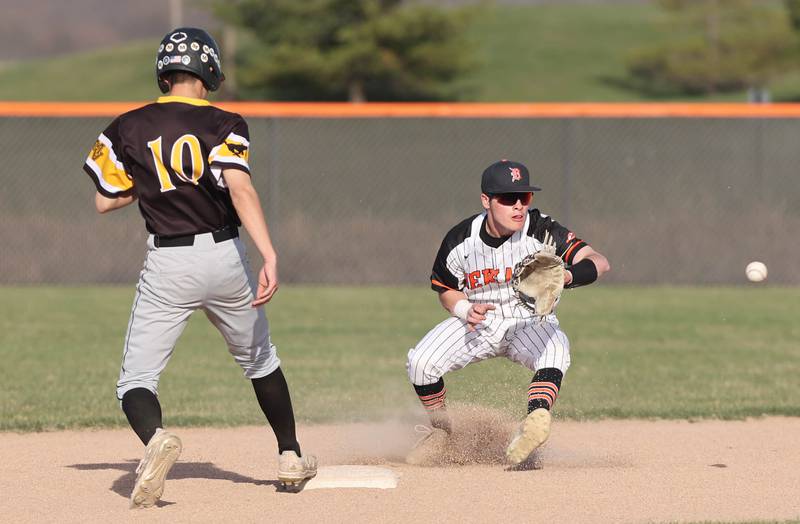 DeKalb's Nik Nelson takes the throw as Metea Valley's Nate Loo gets back safely on a pickoff attempt during their game Thursday, April 13, 2023, at DeKalb High School.