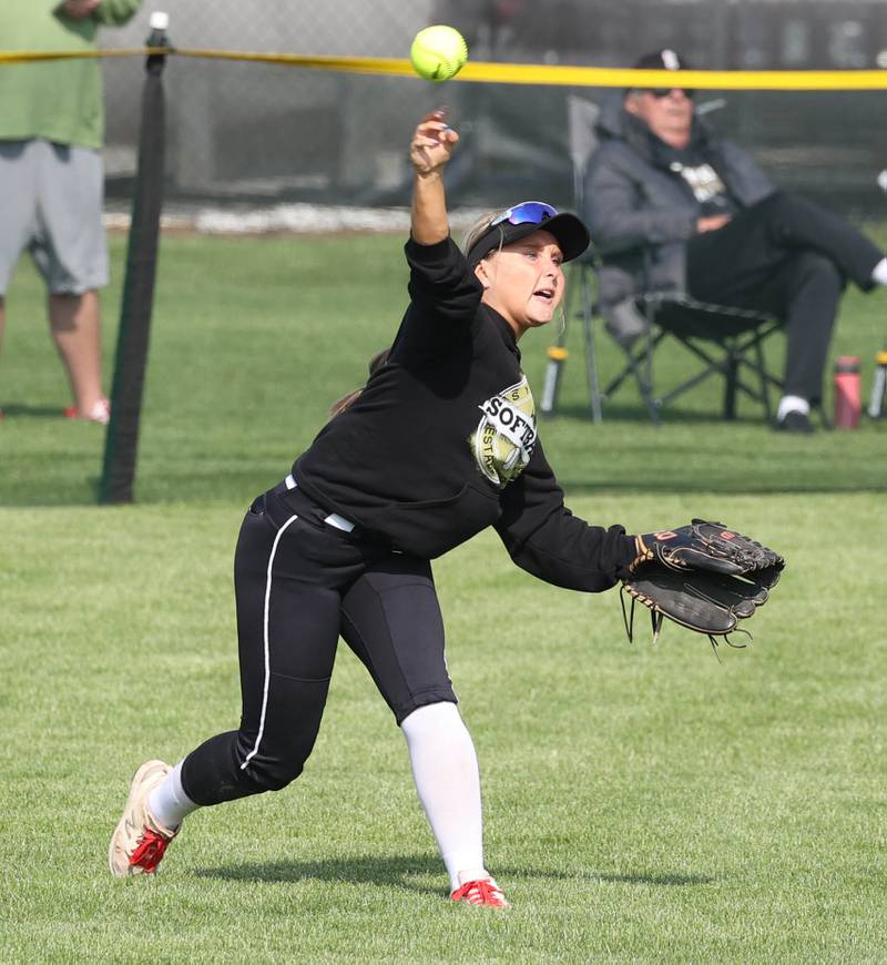 Sycamore's Addison McLaughlin fires the ball home to try to get a runner tagging up from third during their game against Sterling Tuesday, May 14, 2024, at Sycamore High School.