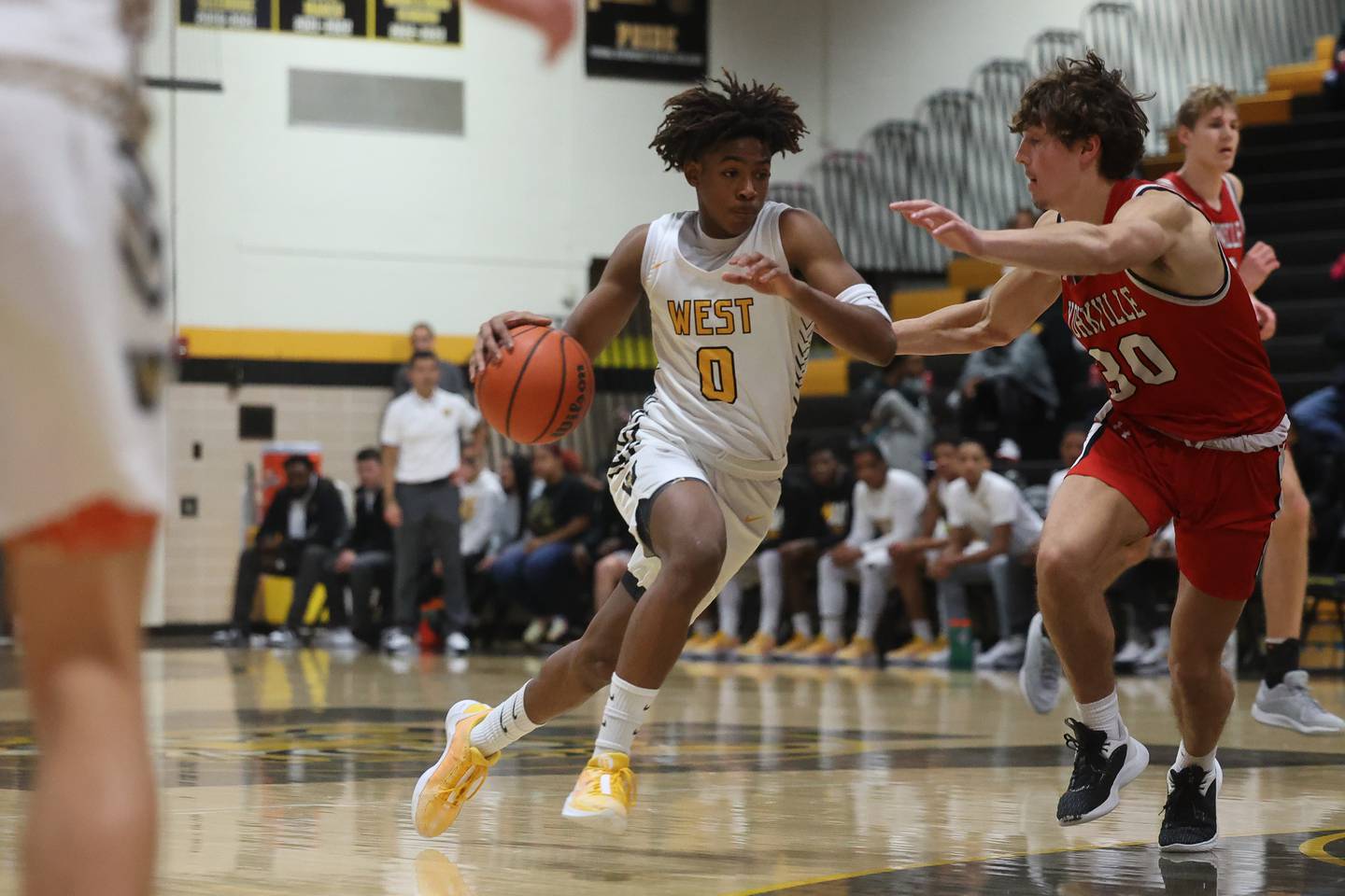 Joliet West’s Aamir Shannon drives to the paint against Yorkville on Friday, Jan. 5th, 2024. in Joliet.