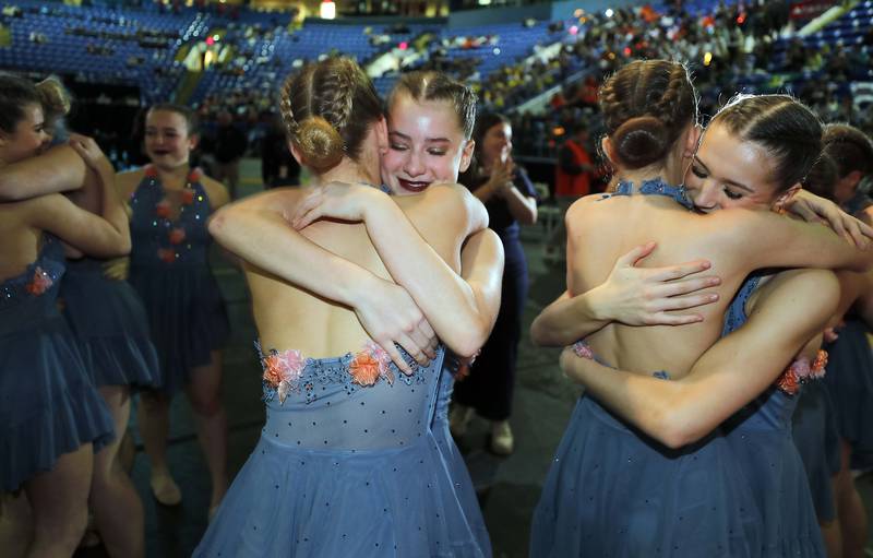 Geneva reacts after taking third in the IHSA 2A  Competitive Dance State Finals Saturday, Jan. 27, 2024 at Grossinger Motors Arena in Bloomington.