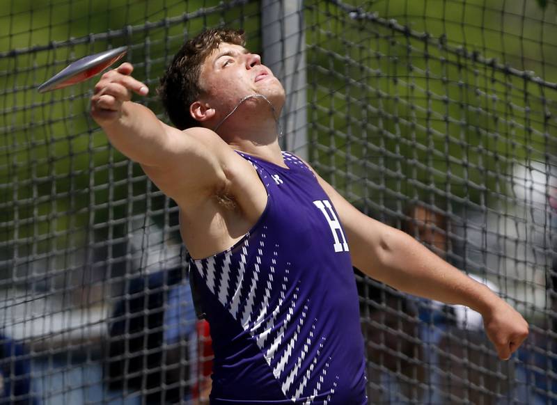 Hampshire’s Gage Homola throws the discus during the IHSA Class 3A Boys State Track and Field Championship meet on Saturday, May 25, 2024, at Eastern Illinois University in Charleston.