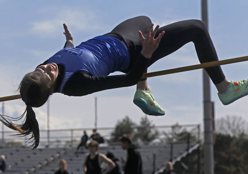 Woodstock’s Hallie Steponaitis wins the girls high jump Friday, April 21, 2023, during the McHenry County Track and Field Meet at Cary-Grove High School.