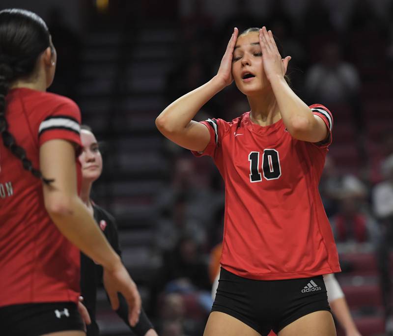 Barrington’s Berkeley Ploder reacts to a missed opportunity against Willowbrook in the Class 4A girls volleyball state third-place match at Illinois State University in Normal on Saturday, October 11, 2023.