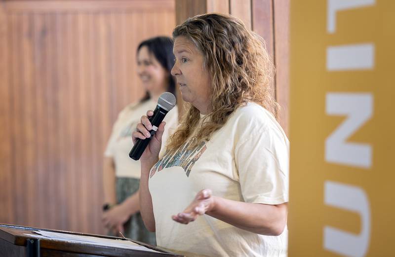 United Way of Lee County co-chair Jennifer Lang delivers an award Wednesday, May 1, 2024 during the organization’s campaign celebration luncheon.