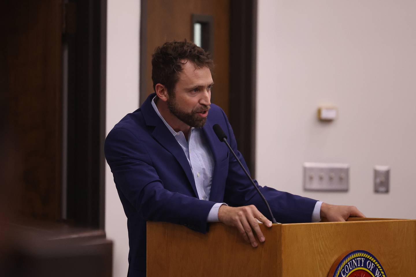 Hudson Hollister, of the Courthouse Preservation Partnership, speaks to the board at a special meeting on the future of the old Will County Courthouse at the Will County board on Thursday, Aug. 17, 2023 in Joliet.