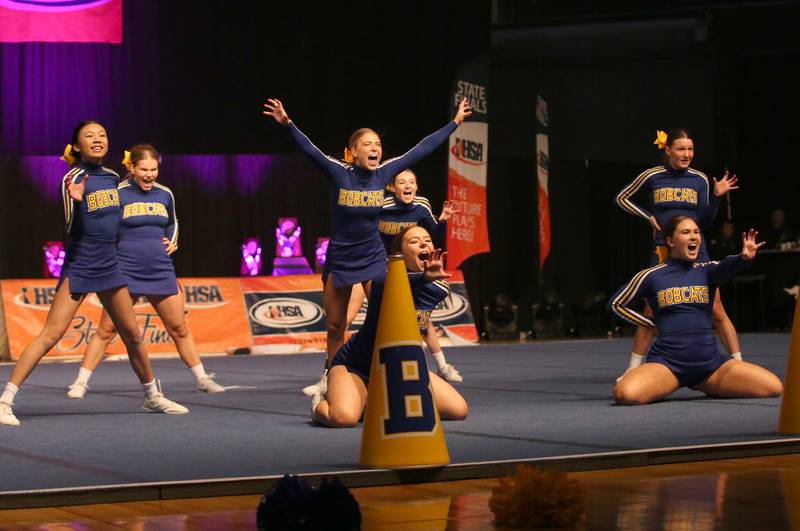 Members of the Somonauk cheer team perform during the IHSA Cheer State Finals in Grossinger Motors Arena on Saturday, Feb. 4, 2023 in Bloomington.