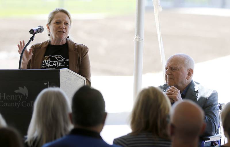 Vince Foglia (right) listens to Heather Zaccagnini, the Department Chair -
Manufacturing Management, talk during the opening ceremony for the Foglia Center for Advanced Technology and Innovation on Tuesday, Sept. 3, 2024, at McHenry County College.