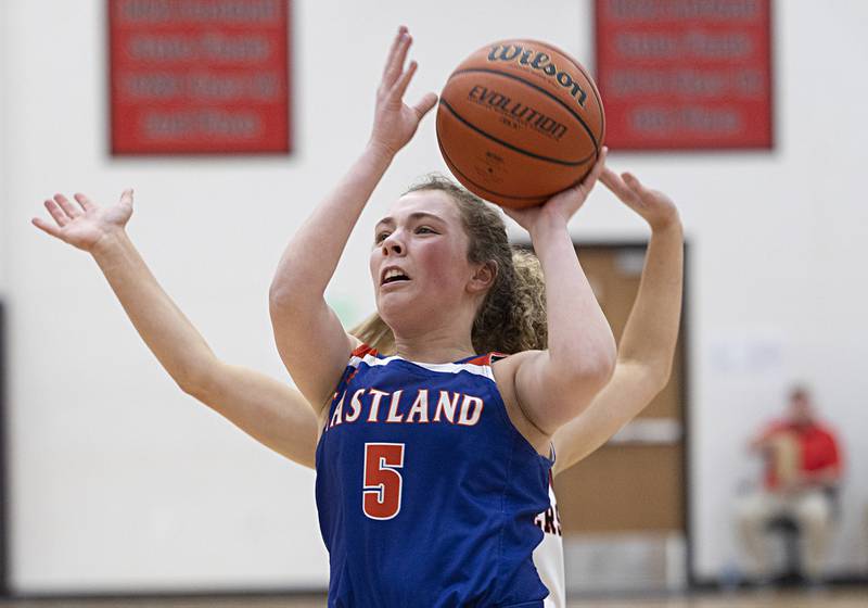 Eastland’s Janice Stoner puts up a shot against Amboy Friday, Jan. 19, 2024 at Amboy High School.