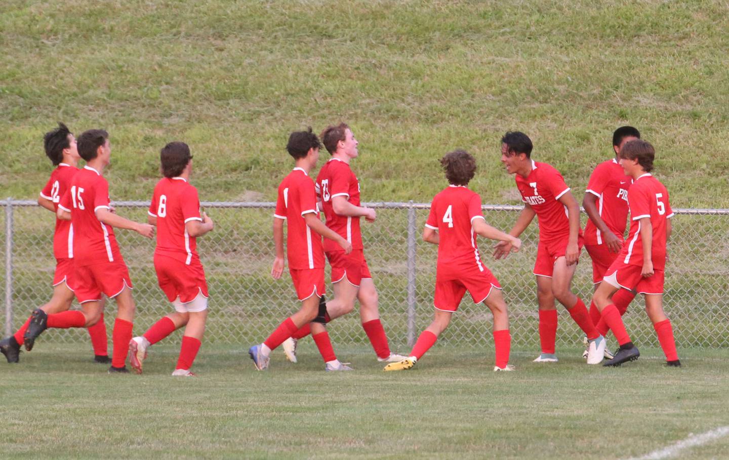 Ottawa's Jorge Lopez (third from right) reacts with teammates after scoring the first goal against La Salle-Peru during the game on Thursday, Sept. 5, 2024 at King Field.