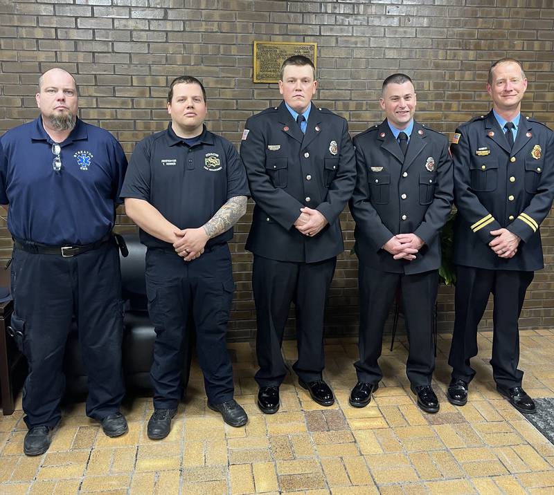 (From left) Streator paramedic Michael White, firefighter TJ Renner, firefighter Ian Rogers, firefighter Edward Levy and Capt. Ryan Reynolds were honored Wednesday, Feb. 21, 2024, for saving a resident's life during a fire earlier this year. Also honored but not pictured were Capt. Fred McClellan, Lt. Tim Redd and firefighter Russell Callahan.
