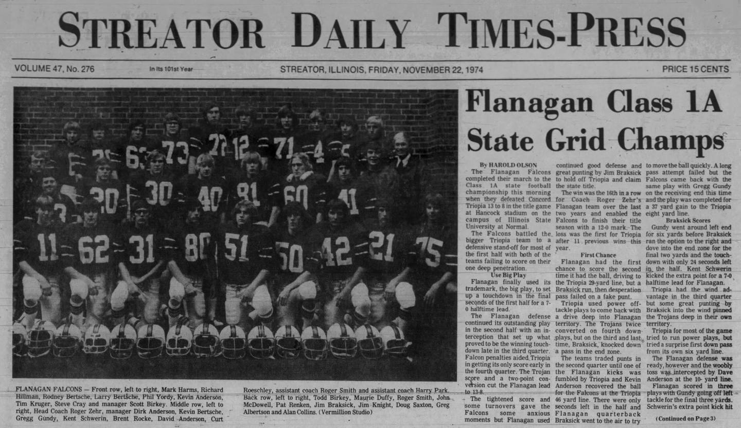 The front page of the Nov. 22, 1974 issue of the Streator Daily Times-Press following the Flanagan High School football team's Class 1A state football championship.