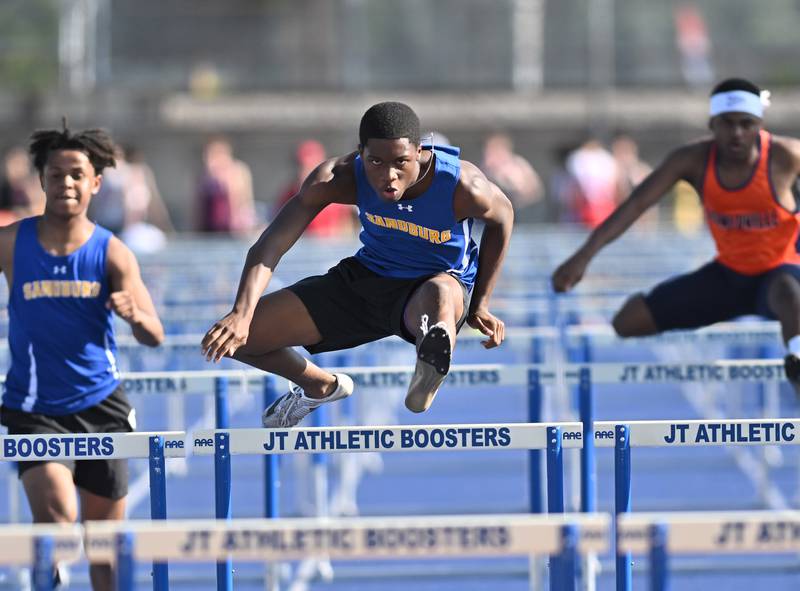 Sandburg's David Link clearing a hurdle in the 110 meter hurdles during the IHSA 3A Sectional track meet  on Friday, May. 17, 2024, at Joliet.