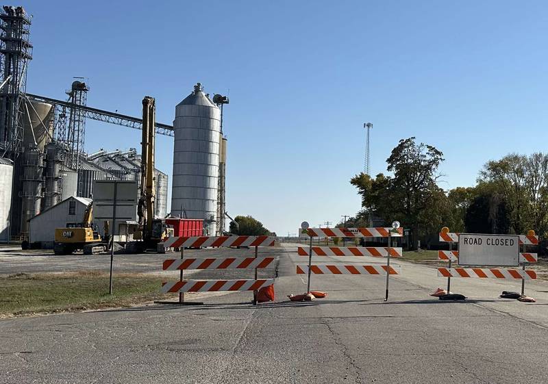 Illinois Route 29 remains closed on Sunday, Oct. 20, 2024 from a partial collapse of a grain silo at the River Valley Coop Grain Elevator in Putnam.