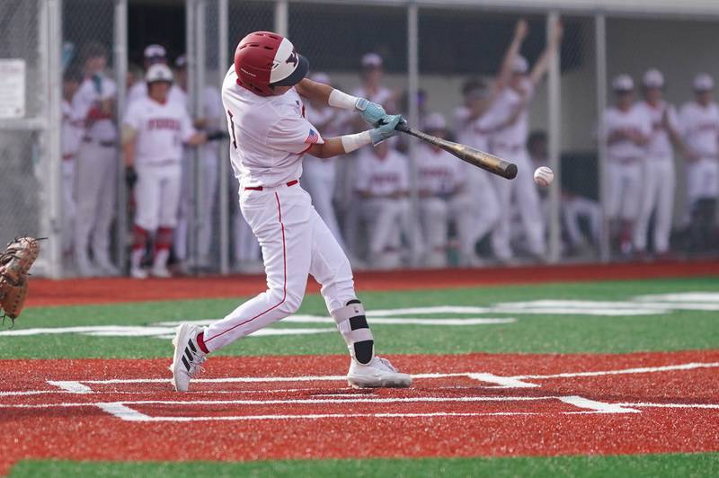 Yorkville's Daniel Rodriguez (1) singles against Plainfield North during a baseball game at Yorkville High School in Yorkville on Thursday, May 16, 2024.