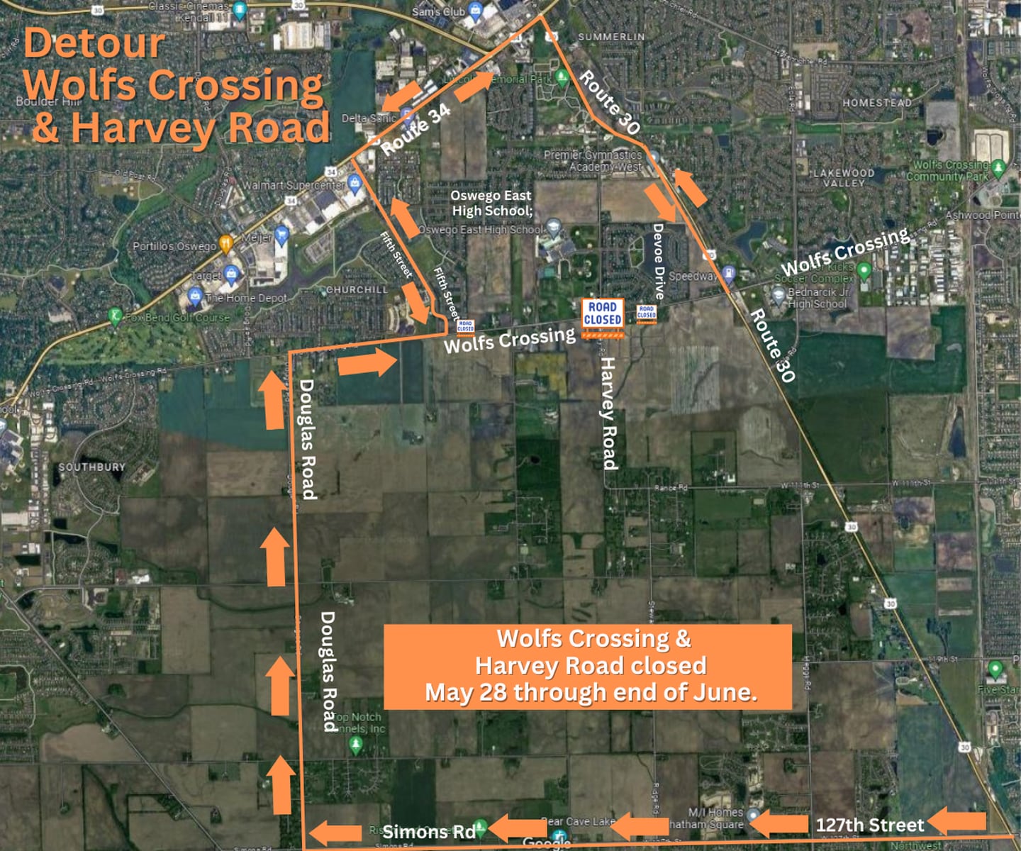 Wolfs Crossing will be open to local traffic between Devoe Drive and Route 30, east of Harvey Road. Motorists are asked to follow the detour and use caution in the construction zone.