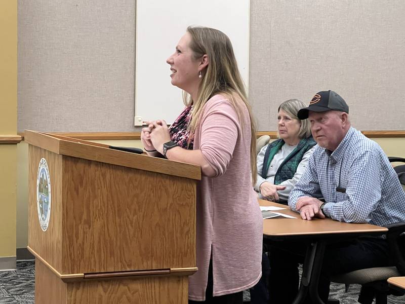 Jessica Anderson, on Dec. 8, 2022, talks during the public hearing on a proposal she and her husband, Scot Anderson submitted to rezone a property north of Hinckley to allow them to use the property for commercial events.