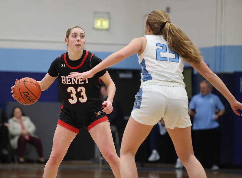 enet’s Magdalena Sularski (33) looks for an outlet against Nazareth’s Amalia Dray (25) during a girls varsity basketball game on Monday, Jan. 29, 2024 in La Grange Park, IL.