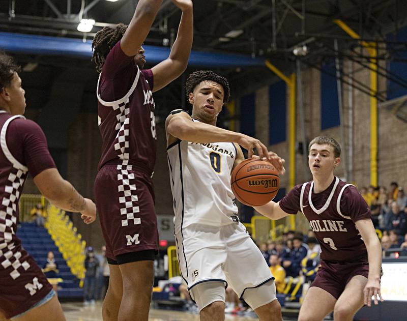 Sterling’s Andre Klaver loses control of the ball against Moline Friday, Dec. 1, 2023 in Sterling.