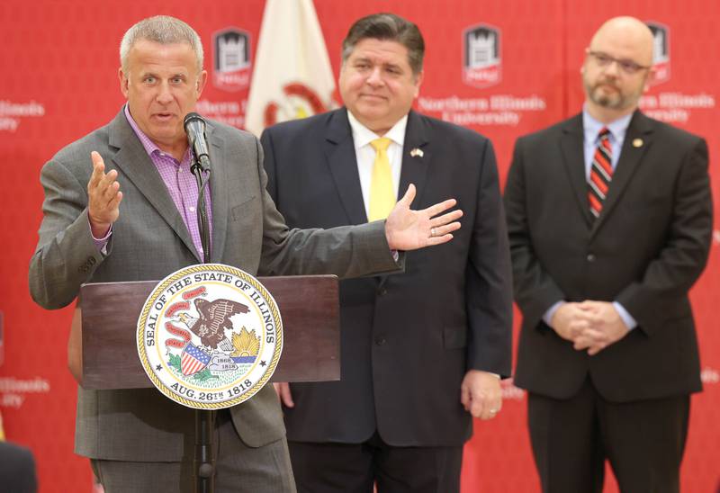 DeKalb Mayor Cohen Barnes speaks during a news conference Tuesday, April, 4, 2023, in the Barsema Alumni and Visitors Center at Northern Illinois University in DeKalb. Barnes, along with a group of llinois lawmakers, DeKalb city officials, representatives from NIU and Gov. JB Pritzker were on hand to promote the importance of funding higher education in Illinois.