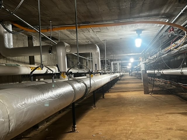 Pipes placed under Sterling High School are part of the new heating, air-conditioning and ventilation system.