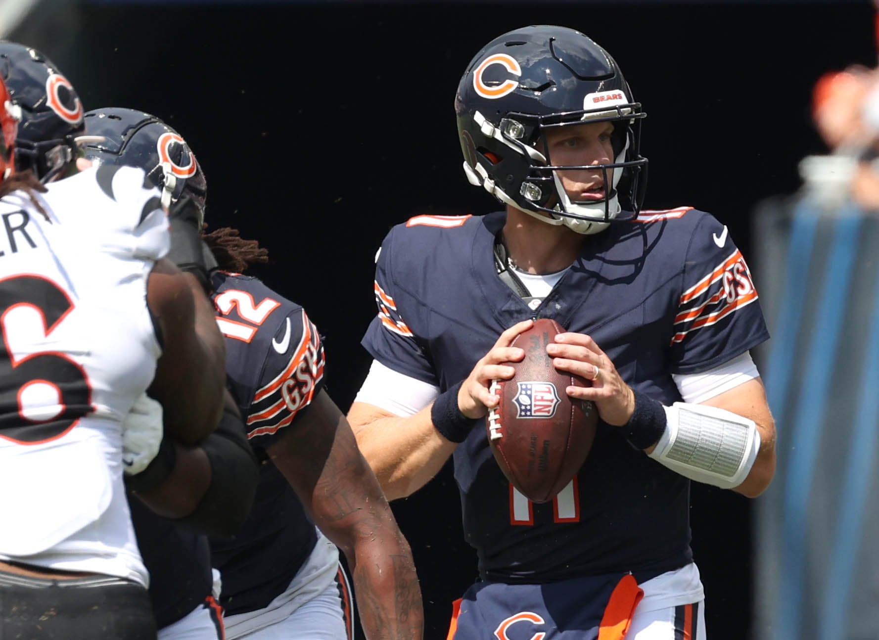 Chicago Bears quarterback Brett Rypien looks for a receiver during their game against the Cincinnati Bengals Saturday, Aug. 17, 2024, at Soldier Field in Chicago.