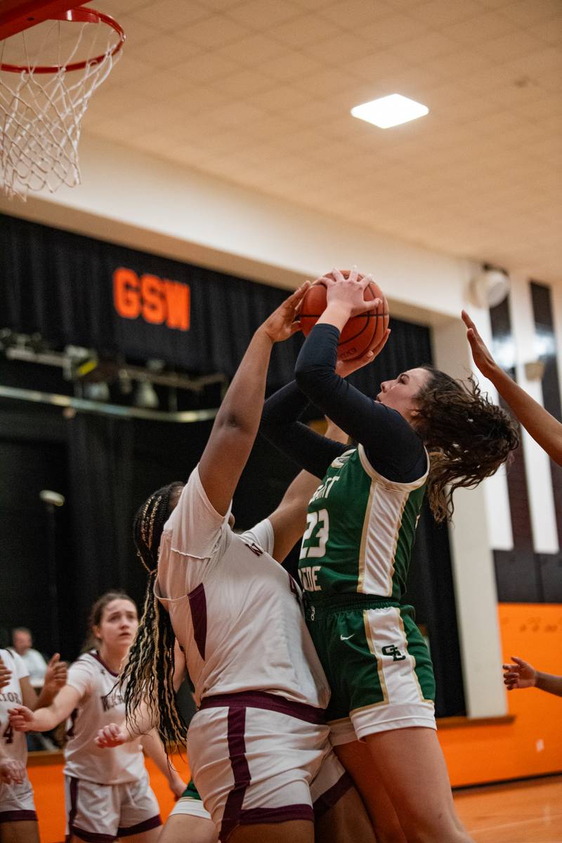 St. Bede's Ali Bosnich lays up a shot against Morgan Park during the 1A Sectional game on Tuesday Feb. 20, 2024 at Gardner-South Wilmington High School in Gardner