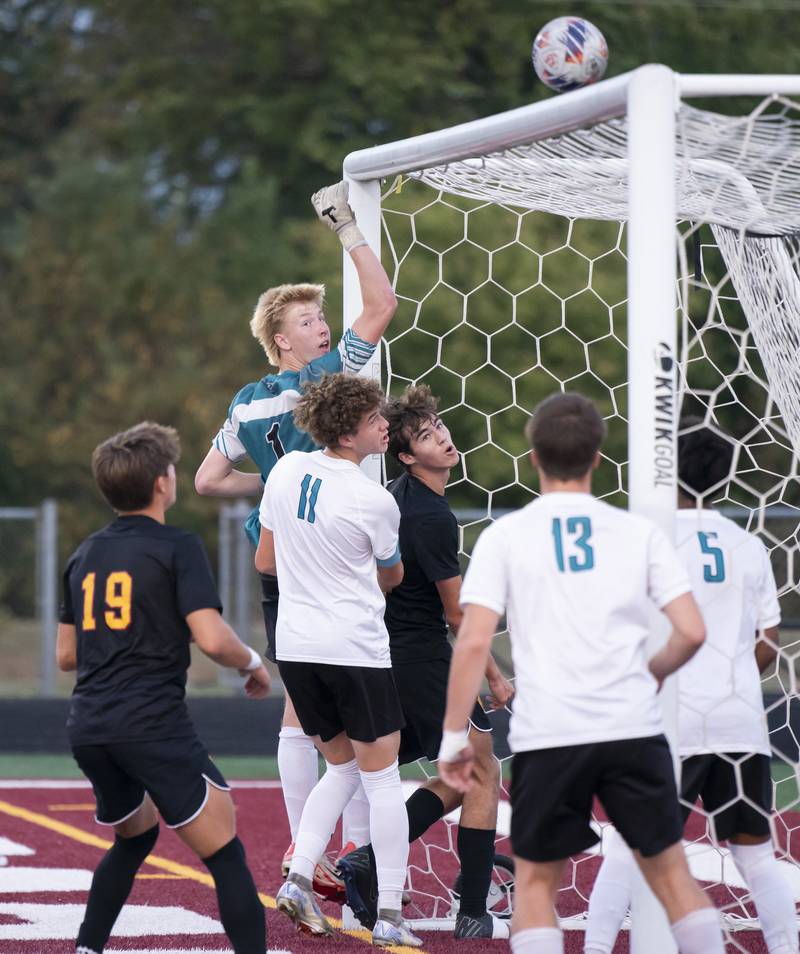 Woodstock North goalkeeper Garrett Batdorff defends the goal after a Richmond-Burton corner kick during their game on Wednesday, September 18, 2024 at Richmond-Burton High School in Richmond.