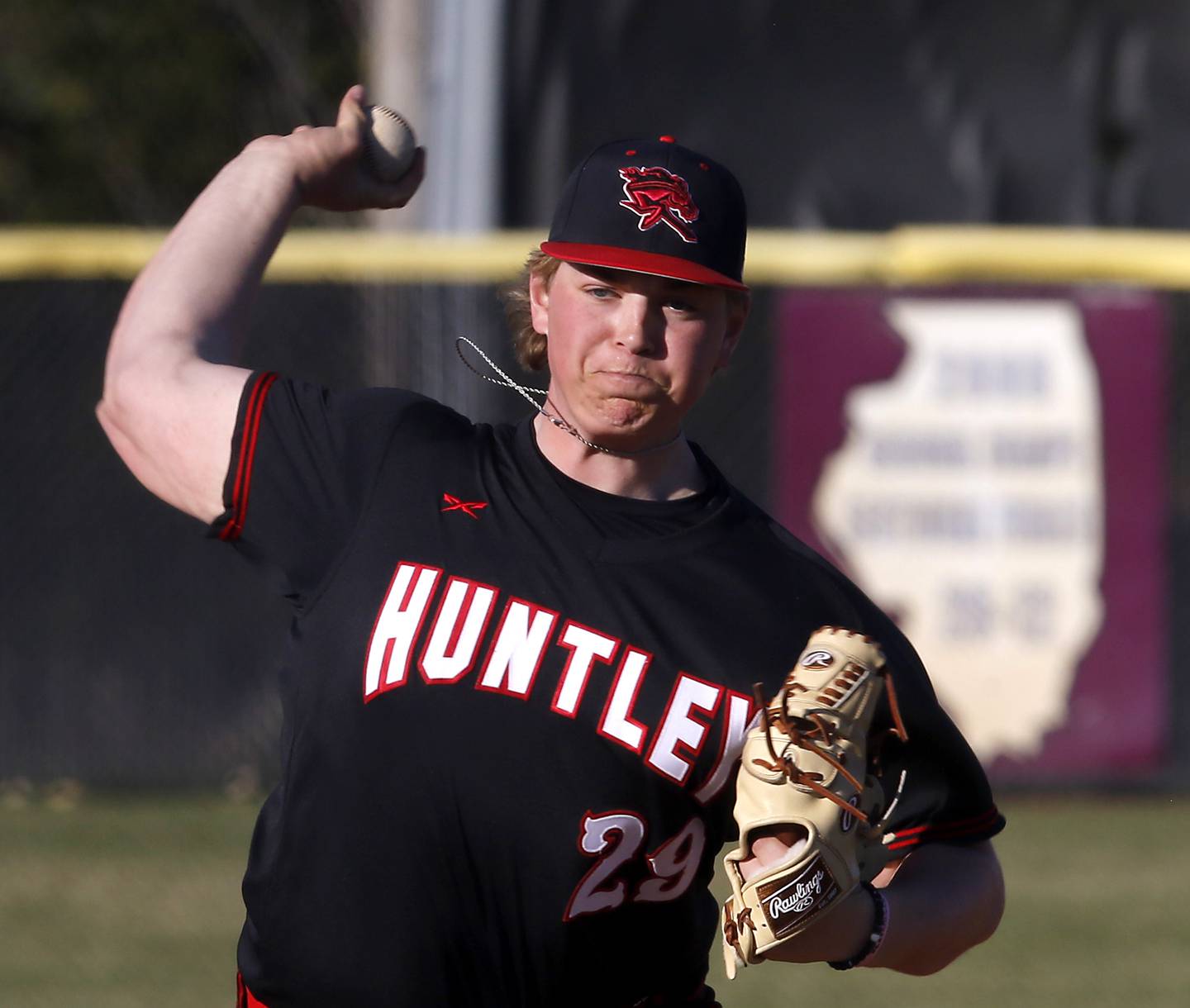 Huntley’s Parker Schuring throws a pitch during a Fox Valley Conference baseball game against Prairie Ridge Wednesday, April 12, 2023, at Prairie Ridge High School.