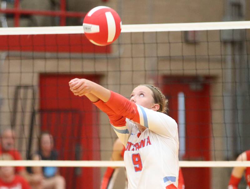 Ottawa's Skylar Dorsey hits the ball in the air against Streator on Thursday, Aug. 29, 2024 in Kingman Gym at Ottawa High School.