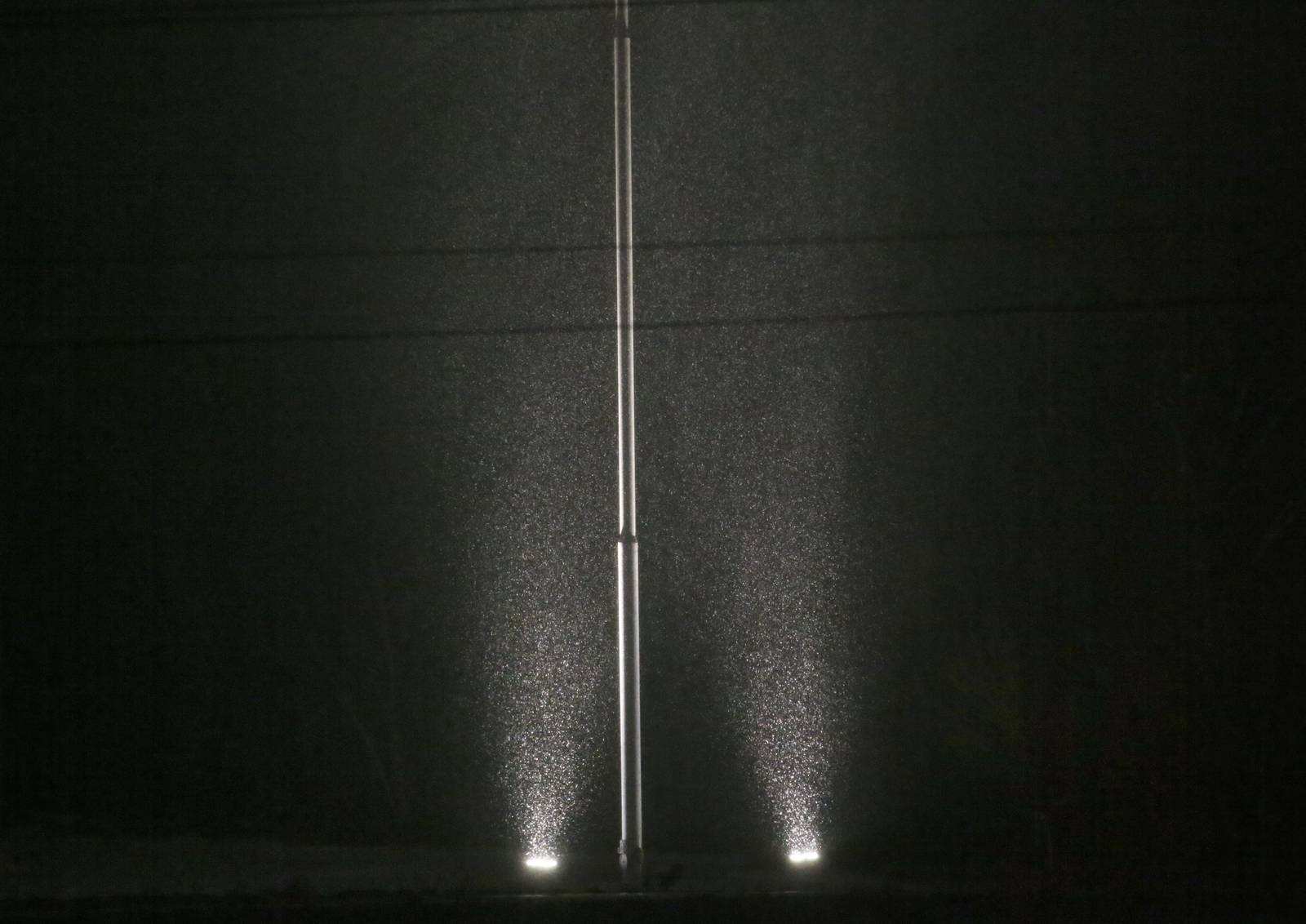 Snow falls in front of spotlights on Monday, Jan. 8, 2024 in Princeton.