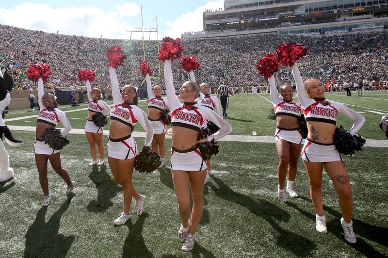 NIU cheerleaders perform on the sidelines on Saturday, Sept. 7, 2024 at Notre Dame Stadium.