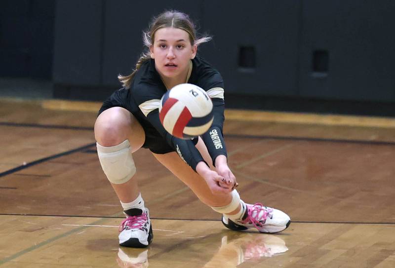 Sycamore's Laci Neece gets low to return a LaSalle-Peru serve during their match Tuesday, Oct. 10, 2023, at Sycamore High School.