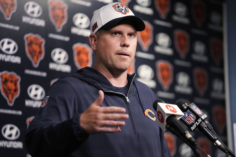 Chicago Bears offensive coordinator Shane Waldron speaks during a news conference after NFL football practice in Lake Forest, Ill., Wednesday, June 12, 2024. (AP Photo/Nam Y. Huh)