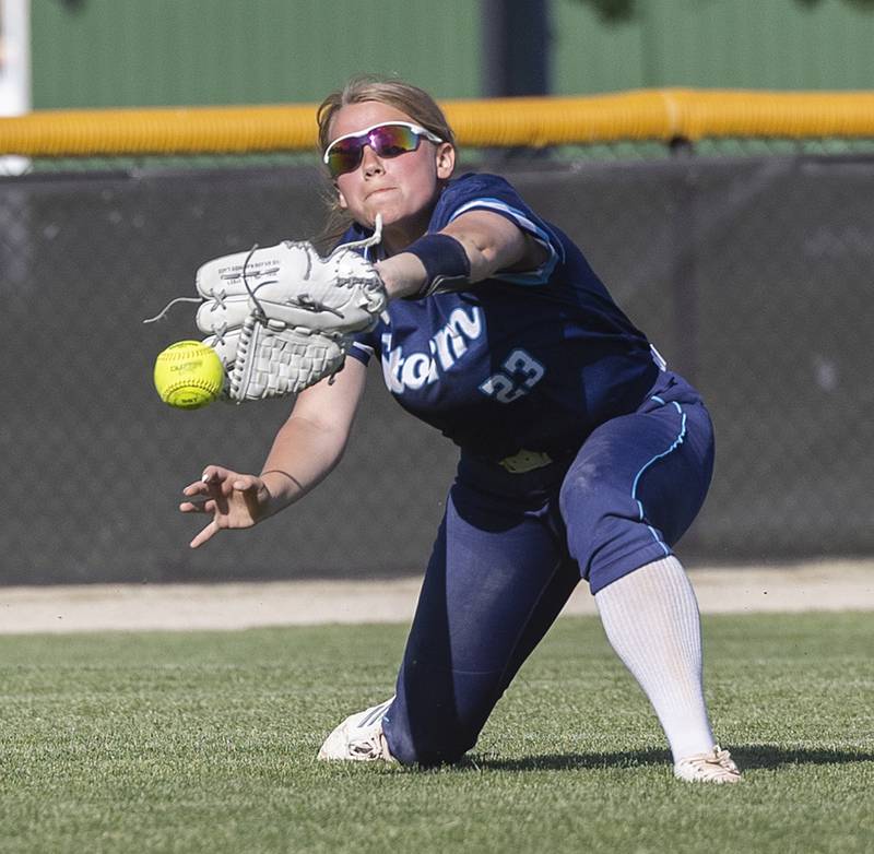 Bureau Valley’s Olivia Eckberg can’t come up with a catch in left field against Princeton Friday, May 17, 2024 at the Class 2A regional semifinals in Rock Falls.