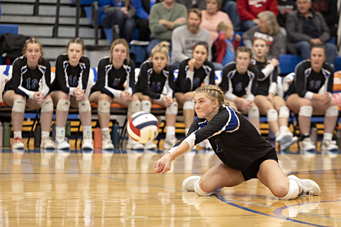 Newark’s Adrianna Larson digs a shot against Galena Monday, Oct. 30, 2023 at the Eastland 1A volleyball sectional.