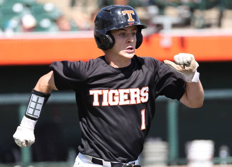 Crystal Lake Central's Andrew Welder runs to first during their Class 3A state semifinal game against Morris Friday, June 7, 2024, at Duly Health and Care Field in Joliet.