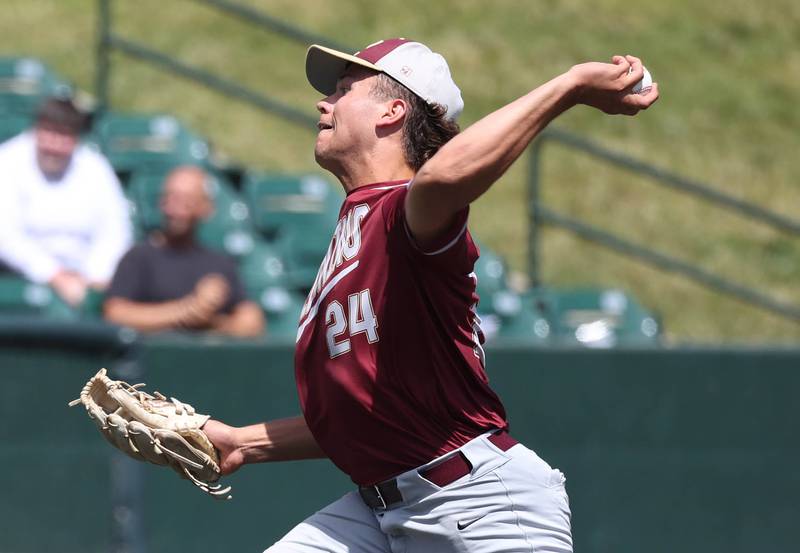 Morris' Colin Pfeifer delivers a pitch during their Class 3A state semifinal game against Crystal Lake Central Friday, June 7, 2024, at Duly Health and Care Field in Joliet.