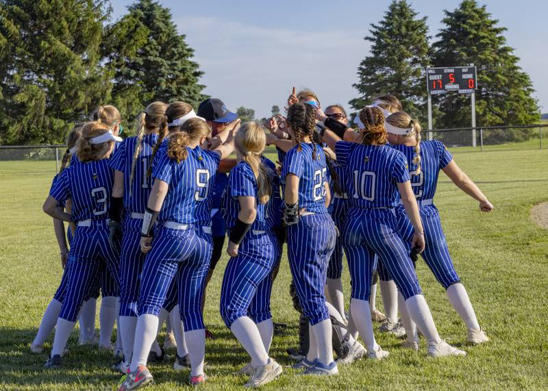 The Newark Lady Norsemen softball team celebrates their 17-0 victory over Grant Park during the Class 1A Sectional Semifinal game at Woodland High School on May 22, 2024.