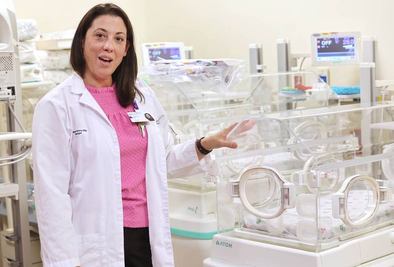 Colleen Faivre MSN, RN, patient care manager in Labor and Delivery at Northwestern Medicine Kishwaukee Hospital, talks Thursday, May 4, 2023, about some of the equipment in her department at the hospital in DeKalb.