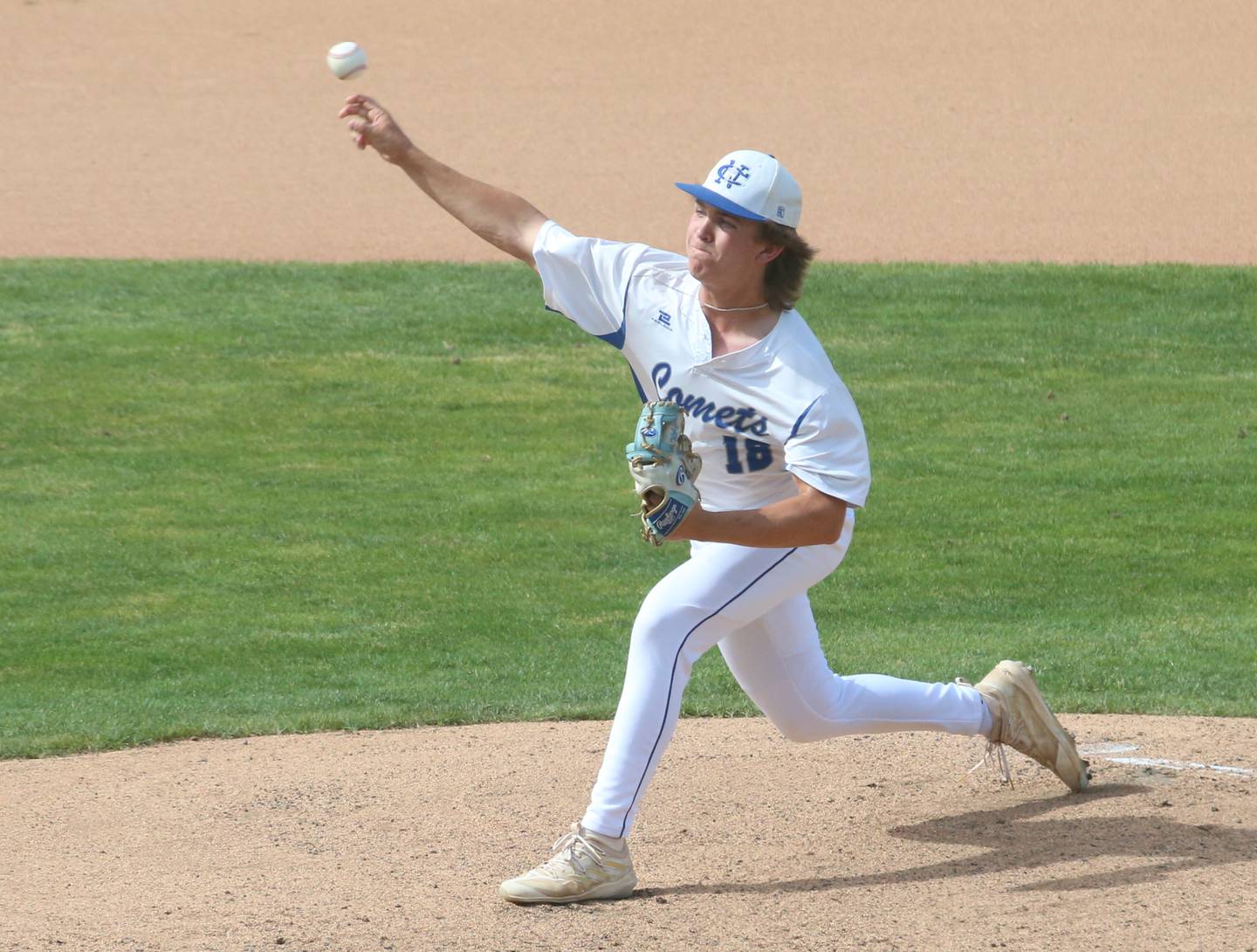 Newman pitcher Garet Wolfe lets go of a pitch to Maroa-Forsyth during the Class 2A semifinal game on Friday, May 31, 2024 at Dozer Park in Peoria.