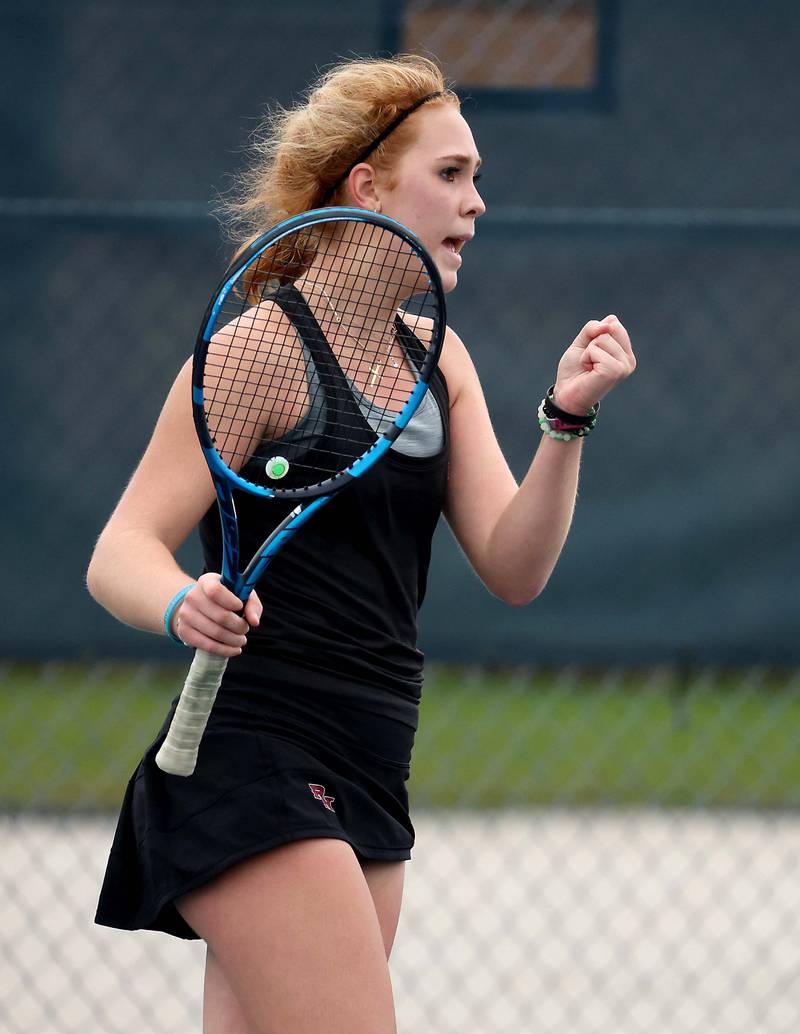Plainfield NorthÕs Jessica Kovalcik reacts to a point in the 2A Singles championship match at the IHSA State Tennis Finals Saturday October 21, 2023 in Buffalo Grove.