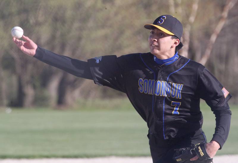 Somonauk pitcher Aldo Resendez lets go of a pitch against Earlville on Friday, April 12, 2024 at Earlville High School.